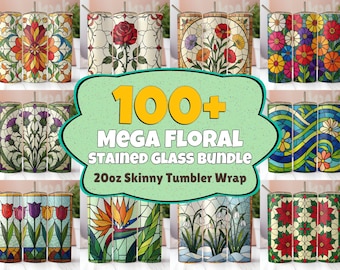 100+ Floral Tumbler Wraps, Floral Stained Glass 20 oz Skinny Tumbler Wrap, Sublimation Tumbler Designs, Digital Download
