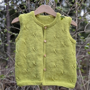 Könnte beinhalten: Eine lindgrüne Strickweste mit rundem Halsausschnitt und Holzknöpfen. Das ärmellose Kleidungsstück hat ein strukturiertes Muster und wird auf einem Holzkleiderbügel präsentiert. Die Weste ist wahrscheinlich für ein Kind.