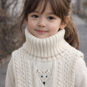 May include: An off-white knitted turtleneck dickey featuring a ribbed collar and cable knit panels on the sides. The center panel displays a small, embroidered fox face design created with simple stitches, positioned below the ribbed neck.