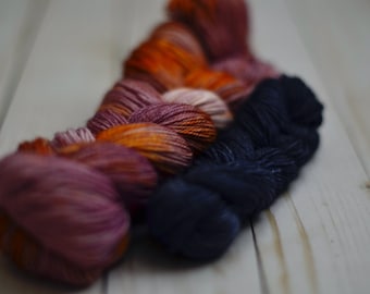 80/20 Sock Set: Mauvegold + Almost Dark Hand-dyed Indie Yarn, Braided Skein, Pretty Gift