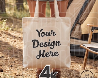 Canvas Tote Bag Mockup: Natural Outdoor Camping Lifestyle Printify Scene