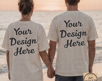 Comfort Colors 1717 Ivory Couple T-Shirt Mockup: Streetwear Oversized Scene