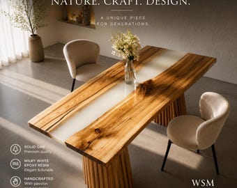 Tavolo da pranzo River in rovere massello con resina epossidica bianco latte | Tavolo Japandi fatto a mano | Dimensioni personalizzate | Gambe in listello tondo | Gambe in rovere