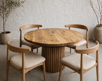 Mesa de comedor redonda de roble – Madera maciza hecha a mano | Estilo Japandi / Minimalista moderno