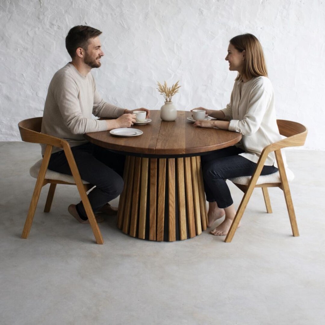 Round Oak Dining Table • Fluted Pedestal Base • Solid Wood Table ...