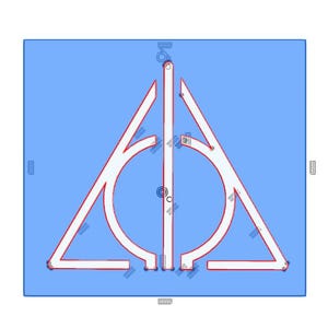 May include: A white outline of the Deathly Hallows symbol on a light blue background. The symbol is a triangle with a circle inside and a vertical line through the center.