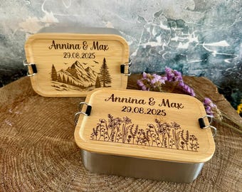 Gepersonaliseerde lunchbox van roestvrij staal – lunchbox met bamboe dekselgravure | Cadeau voor bruiloften, Valentijnsdag, wandelaars en reisliefhebbers