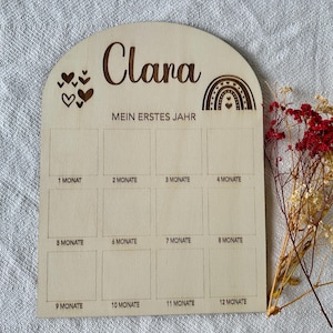 Mein erstes Jahr - Meilensteintafel Baby, Personalisierter Fotorahmen Holz, Meilensteinkarten für Mädchen mit Regenbogen