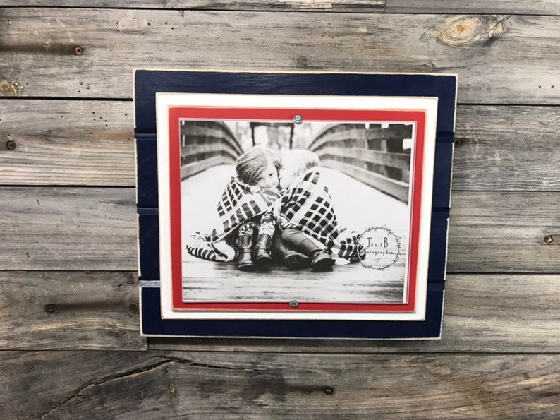 Navy blue red and white picture frame holds 8x10 New England Patriots colors