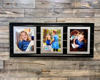 Distressed wood picture frame, triple frame, collage frame, 3 8x10 school colors, graduation black and silver