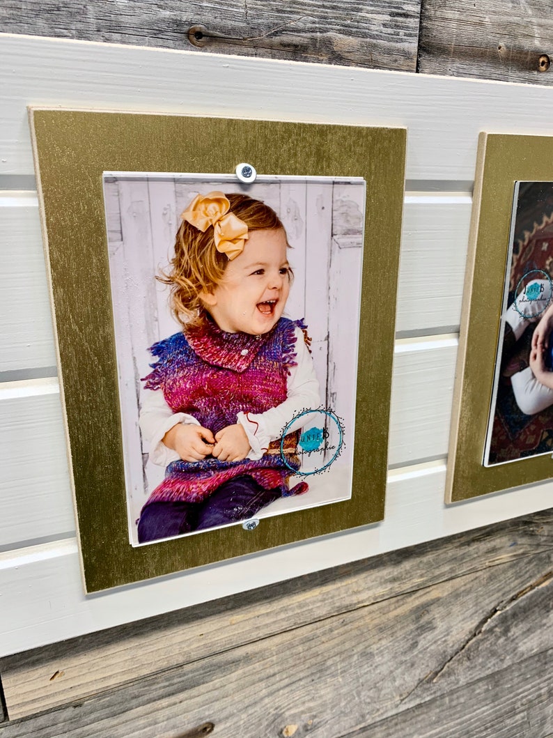 Distressed wood picture frame holds triple 5x7 collage frame metallic mats holds 3 photos