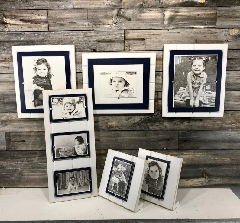 Navy Blue And White Wood Picture Frame Set Collage Holds 8x10 5x7 4x6