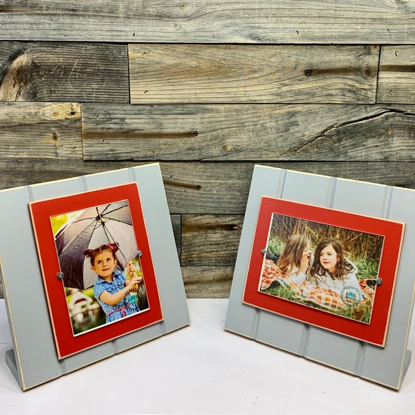 Light grey and red table top picture frame holds one 5"x7" photo. Ohio State University OSU Buckeyes colors