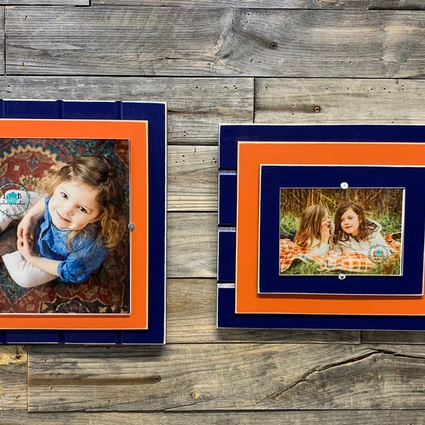 Navy blue and orange picture frame holds 5"x7" or 8"x10" Detroit Tigers, Chicago Bears colors school colors