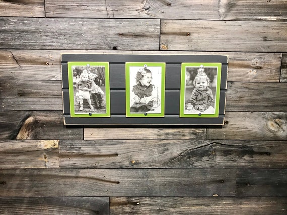 Distressed Wood Collage Picture Frame Triple 4x6 Dark Grey And Green