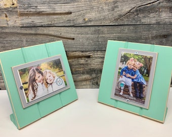 Stand up, desktop picture frame holds 4x6 mint green and grey