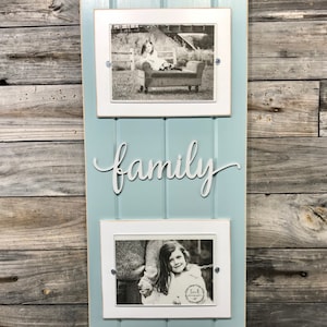 FAMILY distressed picture frame holds 2 5x7 photos blue and white