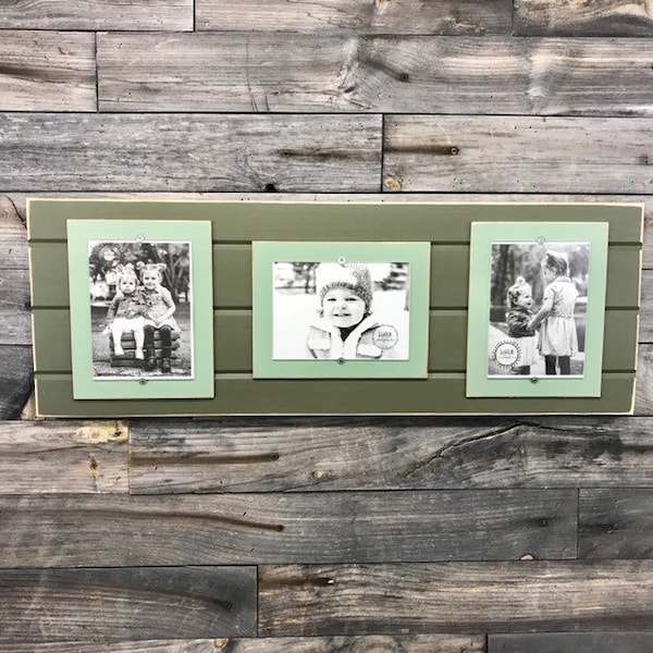 Distressed wood picture frame triple 5x7 forest green