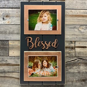 BLESSED distressed picture frame holds 2 5x7 photos dark grey and copper