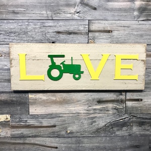 Green and yellow tractor (John Deere Colors) HOME or LOVE plaque, sign