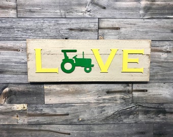 Green and yellow tractor (John Deere Colors) HOME or LOVE plaque, sign