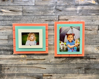 Mint green and coral picture frame holds 5"x7" or 8"x10"