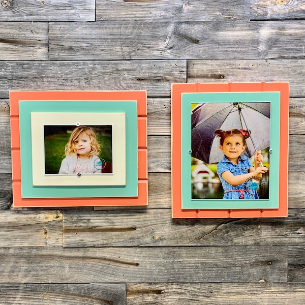 Mint green and coral picture frame holds 5"x7" or 8"x10"