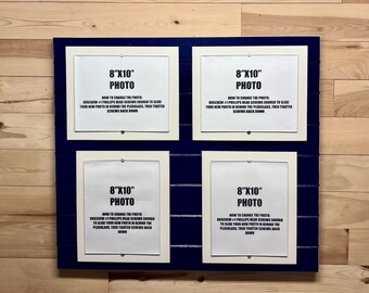 May include: Four white frames with black text on a dark blue background. Each frame has a white background and black text that reads "8"x10" Photo" and instructions on how to change the photo.