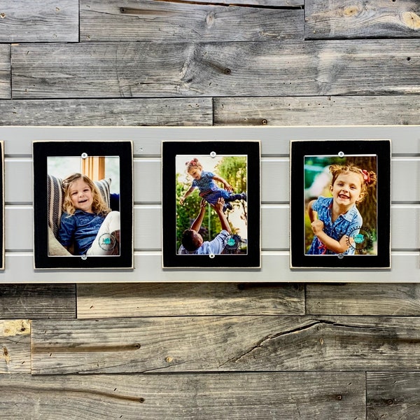 Distressed wood picture frame holds 5 5x7 collage frame