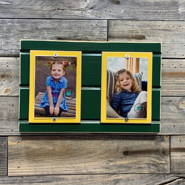 Green and Yellow picture frame holds 2- 4"x 6" photos. Green Bay Packers colors