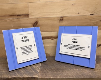 Blue and white table top picture frame holds one 4"x 6" photo. University of North Carolina colors