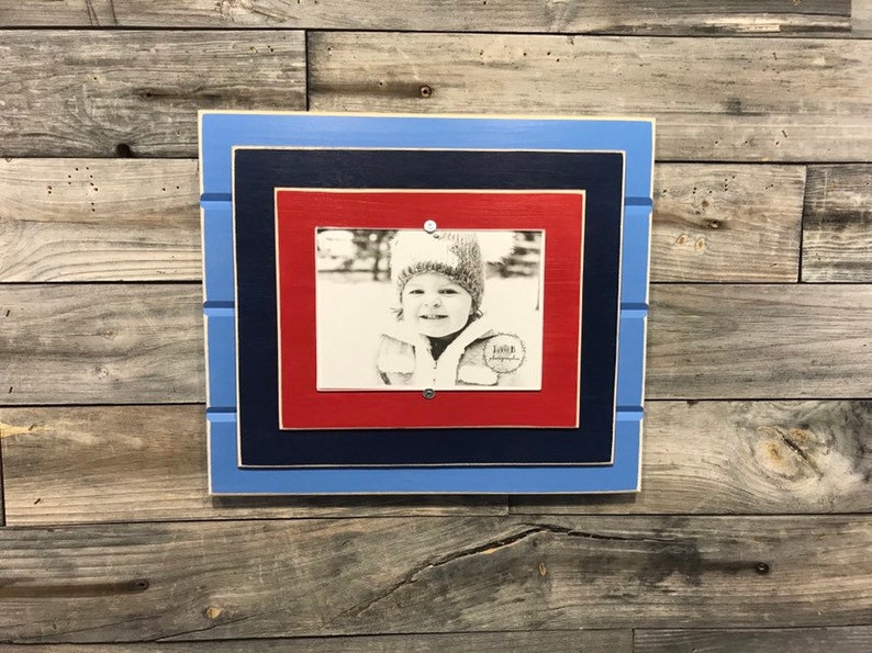 Navy blue blue and red picture frame holds 5x7 photo. Texas Etsy