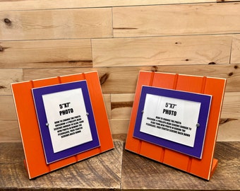 Orange and purple table top picture frame holds one 5"x7" photo. Clemson University Tigers colors