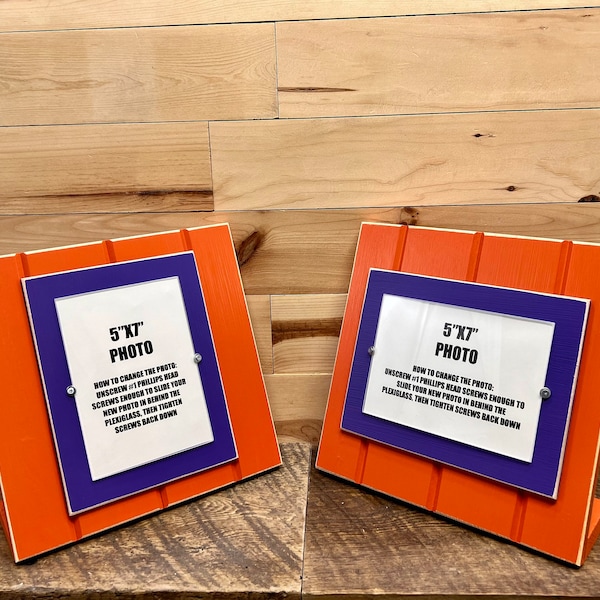 Orange and purple table top picture frame holds one 5"x7" photo. Clemson University Tigers colors