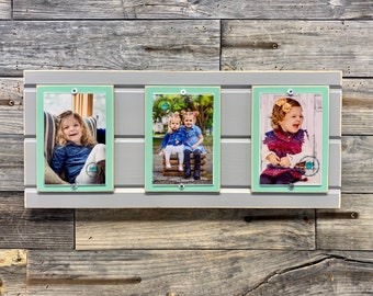 Distressed wood picture frame triple 4x6 gray and mint green