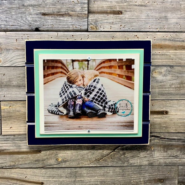 Navy blue, mint green and white picture frame holds 8"x10"