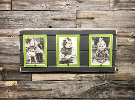 Distressed Wood Collage Picture Frame Triple 4x6 Dark Grey And Green