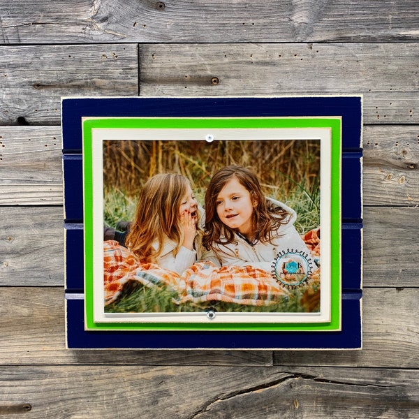 Navy blue, green and white picture frame holds 8"x10" Seattle Seahawks colors