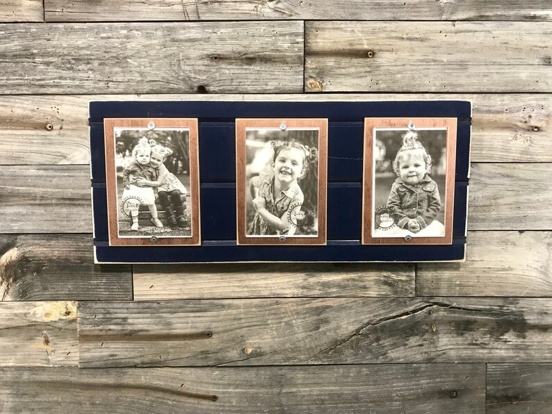 Distressed Wood Collage Picture Frame Triple 4x6 Navy Blue And Copper