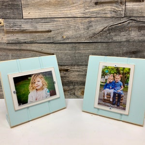 Stand up, desktop picture frame holds 4x6 aqua light blue and white