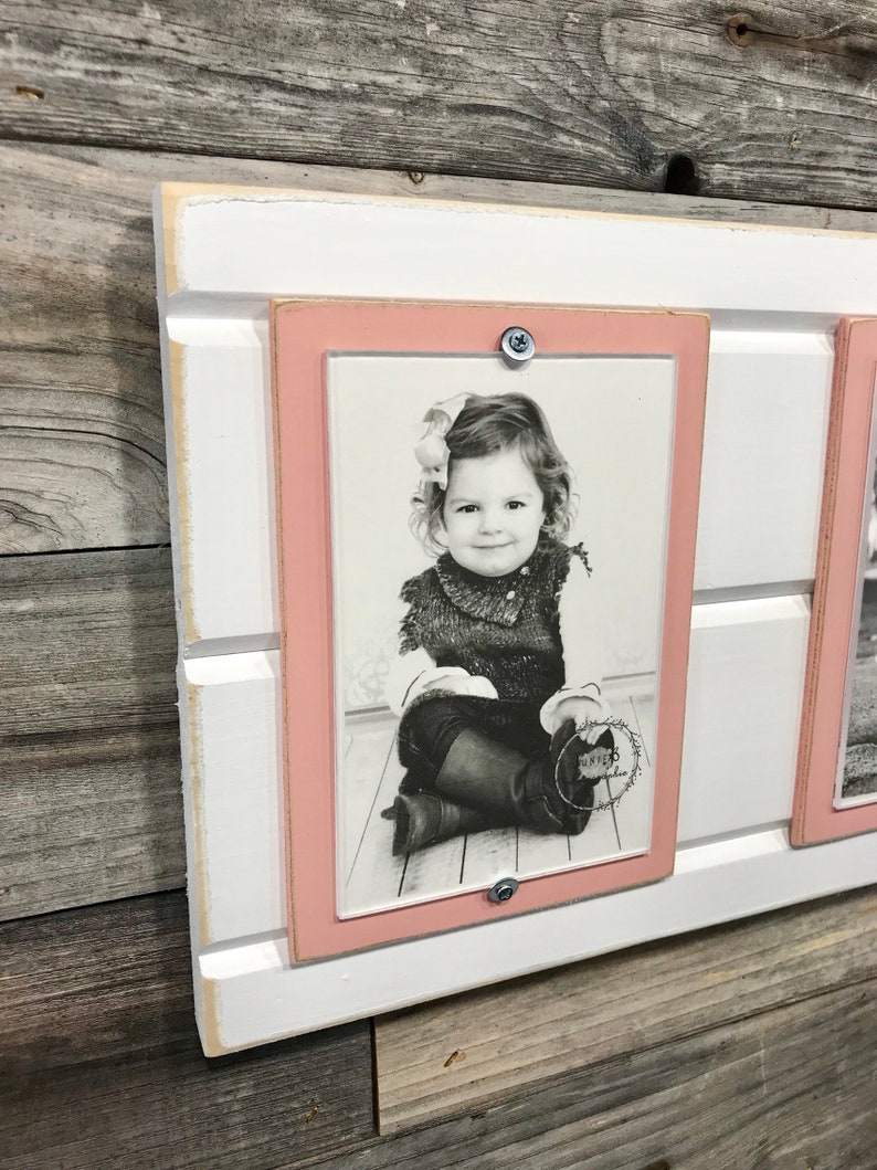 Distressed wood picture frame triple 4x6 blush pink and white