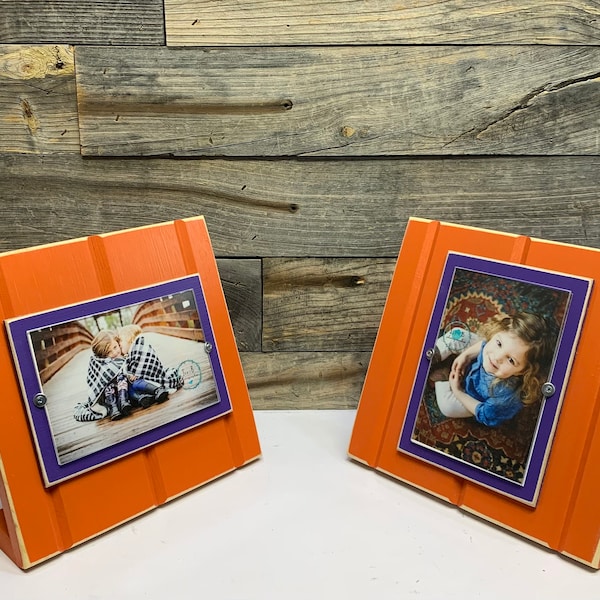 Orange and purple table top picture frame holds one 4x 6" photo. Clemson University Tigers colors