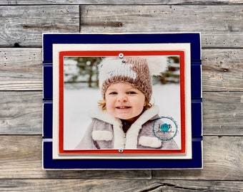 Navy blue, red and white picture frame holds 8"x10" New England Patriots colors