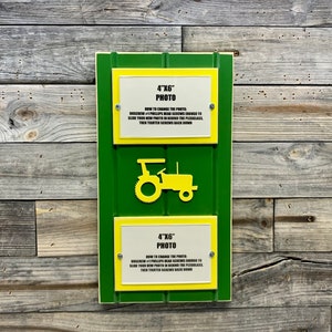 Green and yellow picture frame holds 2- 4&quot;x 6&quot; photo. John Deere colors with tractor