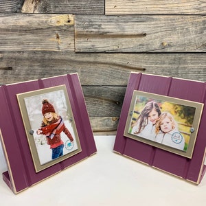 Stand up, desktop picture frame holds 4x6 brown gray and plum purple