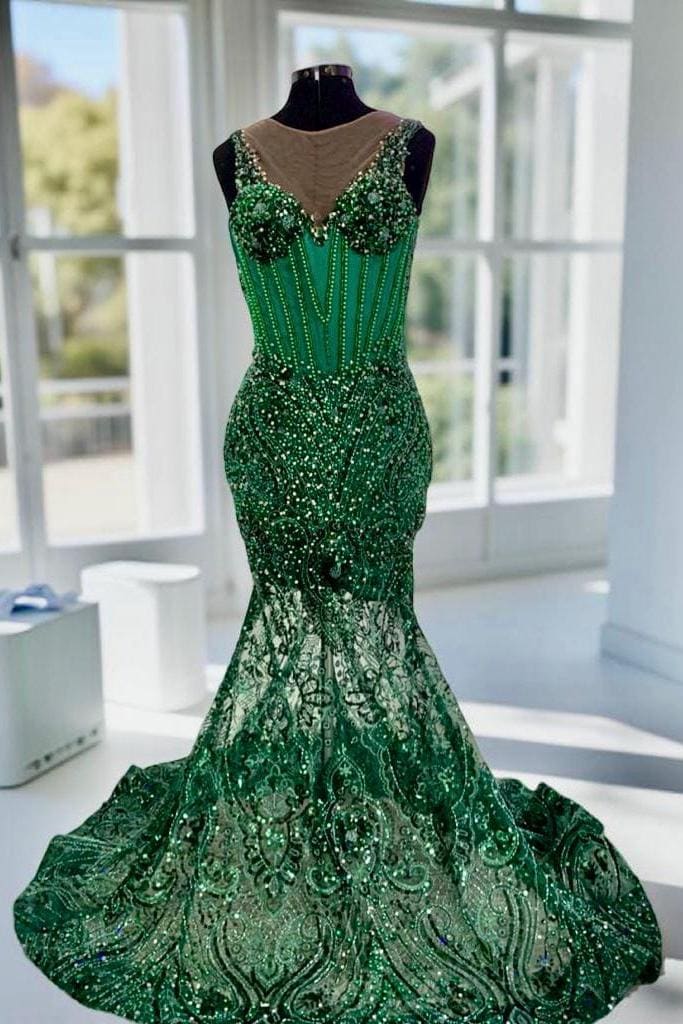emerald green and rose gold dress Off the Shoulder Mermaid Prom Dresses Sexy Thigh Split Green Formal Dresses ARD1341 main image 0