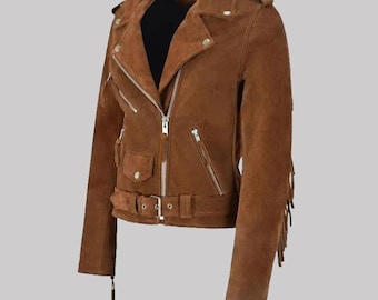 Giacca in pelle scamosciata marrone con frange da donna / Giacca da cowgirl western / Stile vintage fatto a mano