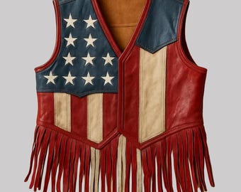 Vintage American Flag Leather Fringe Vest | Unisex Patriotic Western Biker Vest | Cowboy Festival Outfit