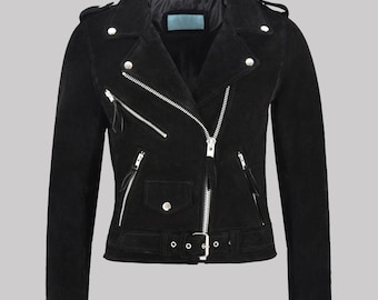 Women's Black Suede Fringe Moto Jacket, Belted Biker Western Coat