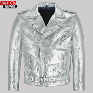 Silver Metallic Leather Biker Jacket: Cropped Moto Party Outerwear